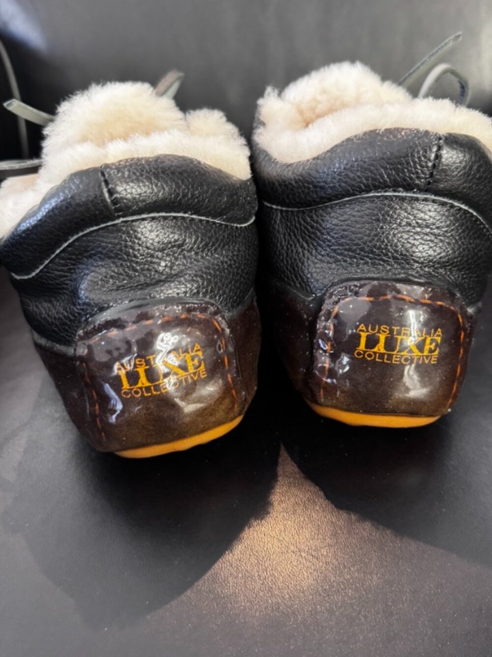 Australia Luxe Collective Kids' Black Leather Shearling Slippers, New, Size 5 - Picture 3 of 7